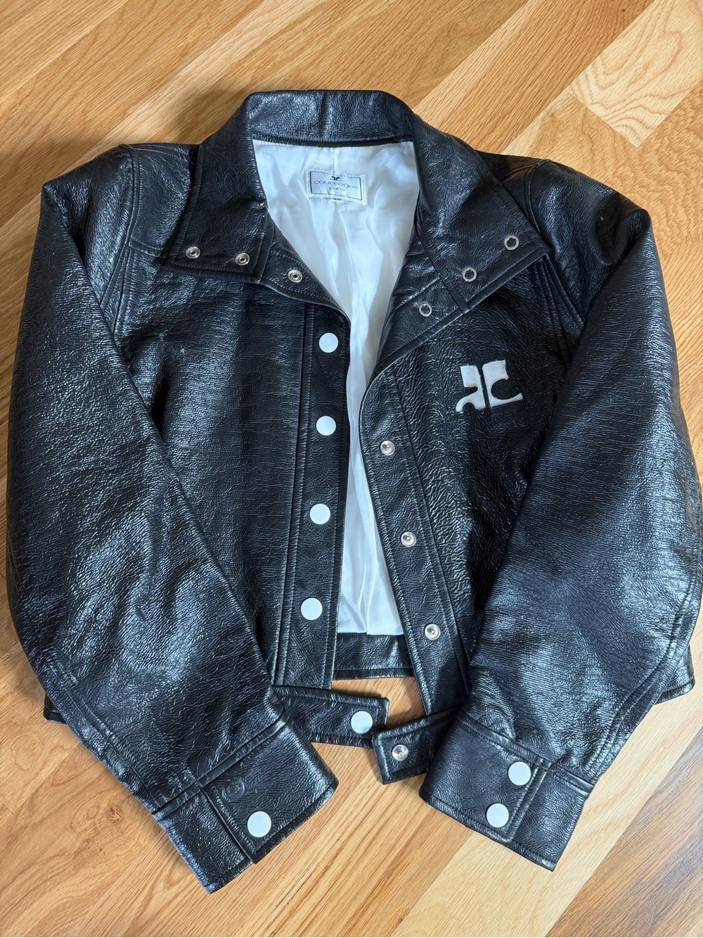 Authentic Courreges Black Jean-Style Vegan Leather Jacket with Logo Detail